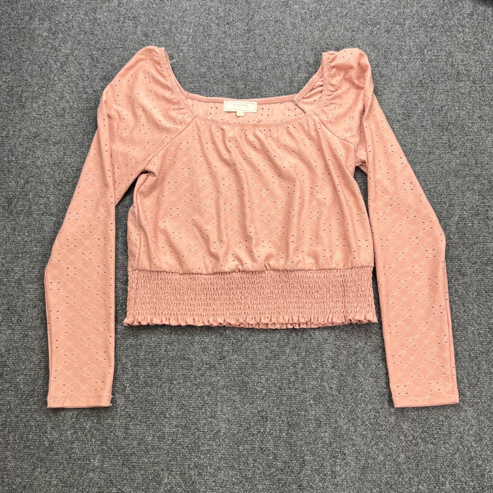 No Comment Eyelet Smocked Cropped Pink Long Sleeve Top RK314389